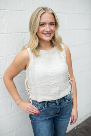 Textured Side Tie Sleeveless Crop Top Natural