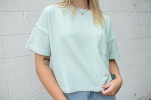Ribbed Pocket Detail SS Knit Top Dusty Mint