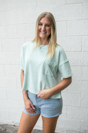 Ribbed Pocket Detail SS Knit Top Dusty Mint
