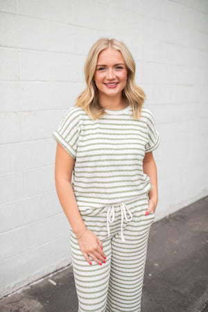 Textured Stripe Short Sleeve Knit Top Olive/White