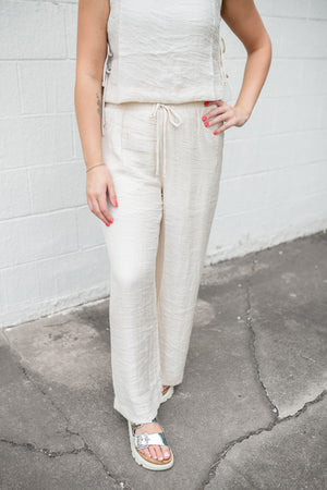 Textured Drawstring Detail Wide Leg Lounge Pants Natural