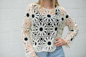 Crochet Round Neck LS Relaxed Scalloped Edge Top