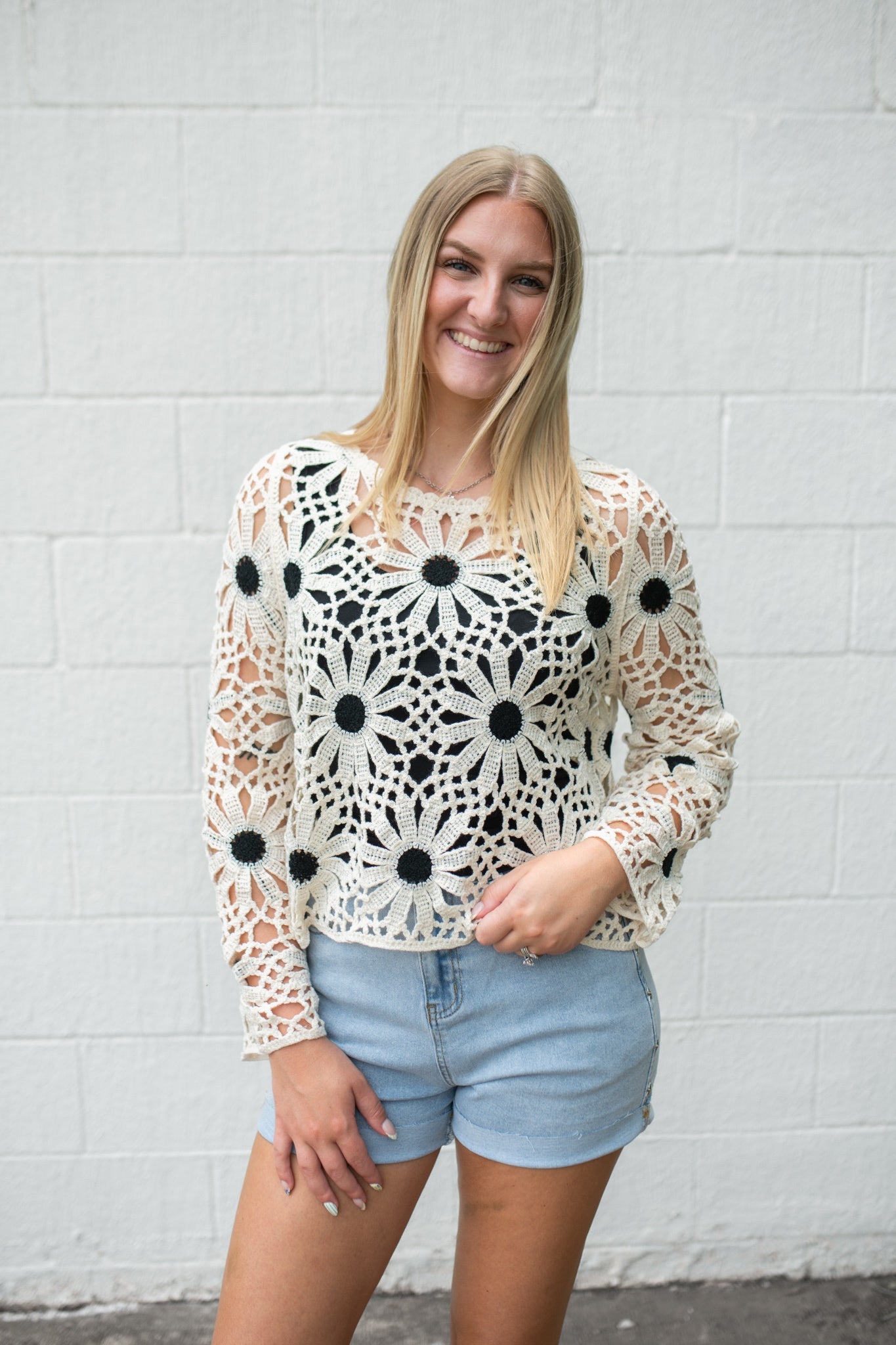 Crochet Round Neck LS Relaxed Scalloped Edge Top