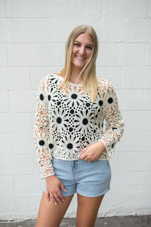 Crochet Round Neck LS Relaxed Scalloped Edge Top