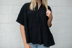 Flowy Button Up Collared Top Black