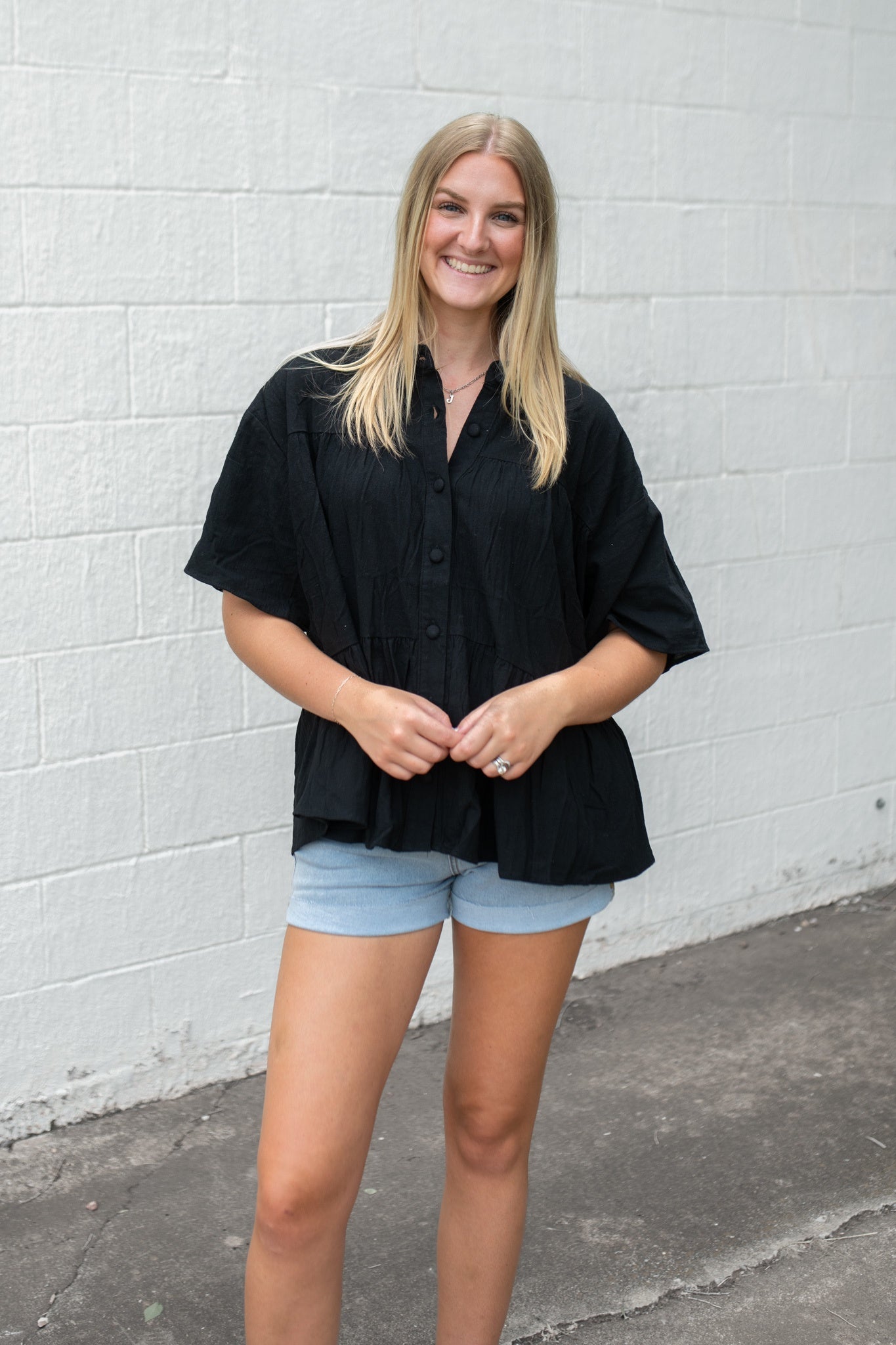 Flowy Button Up Collared Top Black