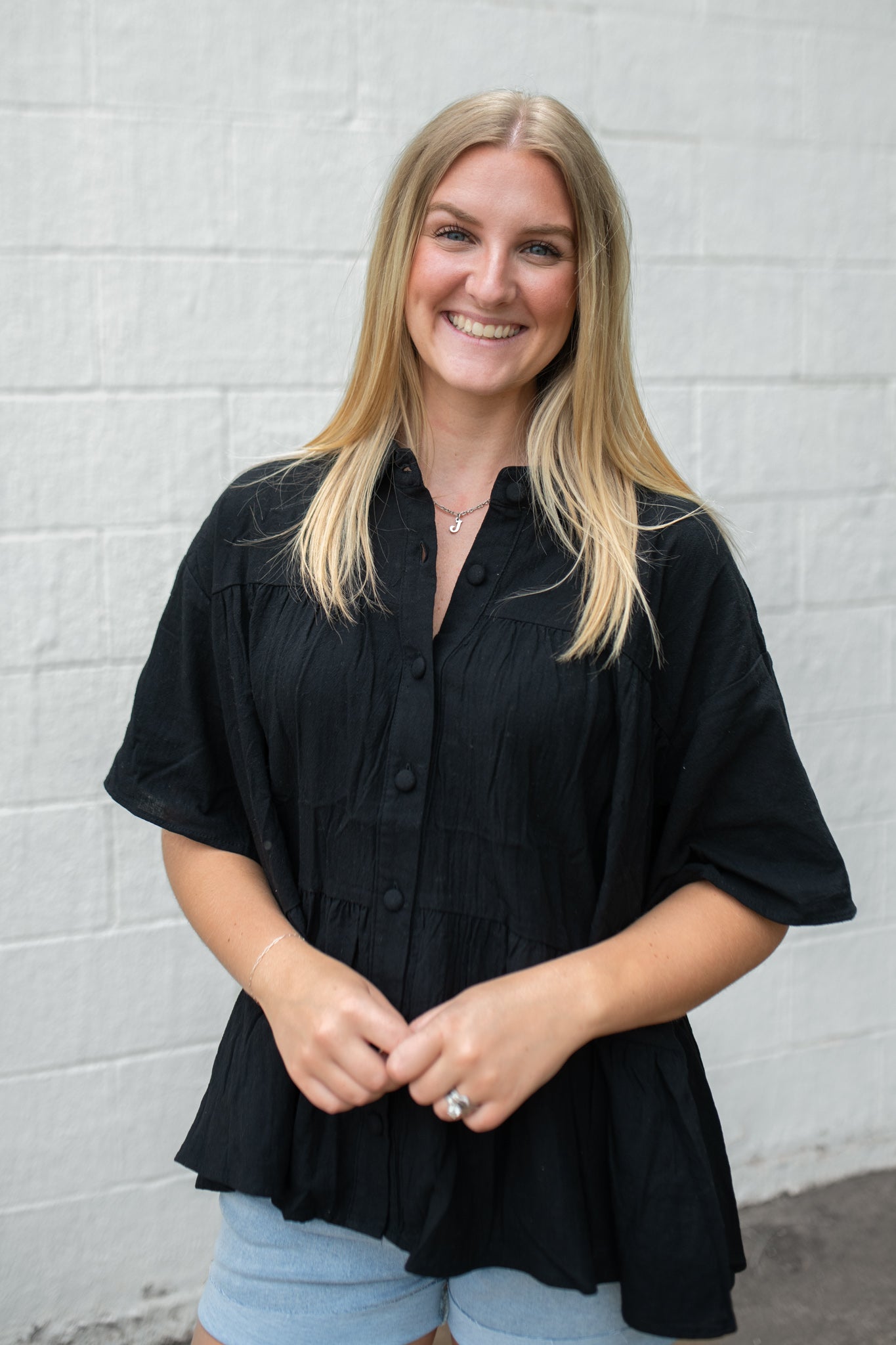 Flowy Button Up Collared Top Black