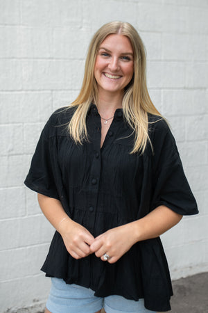 Flowy Button Up Collared Top Black