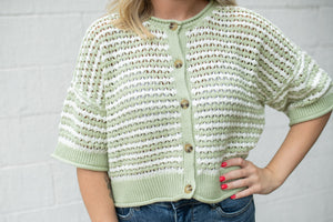 Stripe SS Crochet Knit Cardigan Light Olive