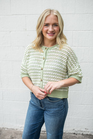 Stripe SS Crochet Knit Cardigan Light Olive