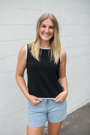 Contrast Trim Sleeveless Side Slit Linen Top Black