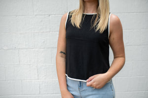 Contrast Trim Sleeveless Side Slit Linen Top Black