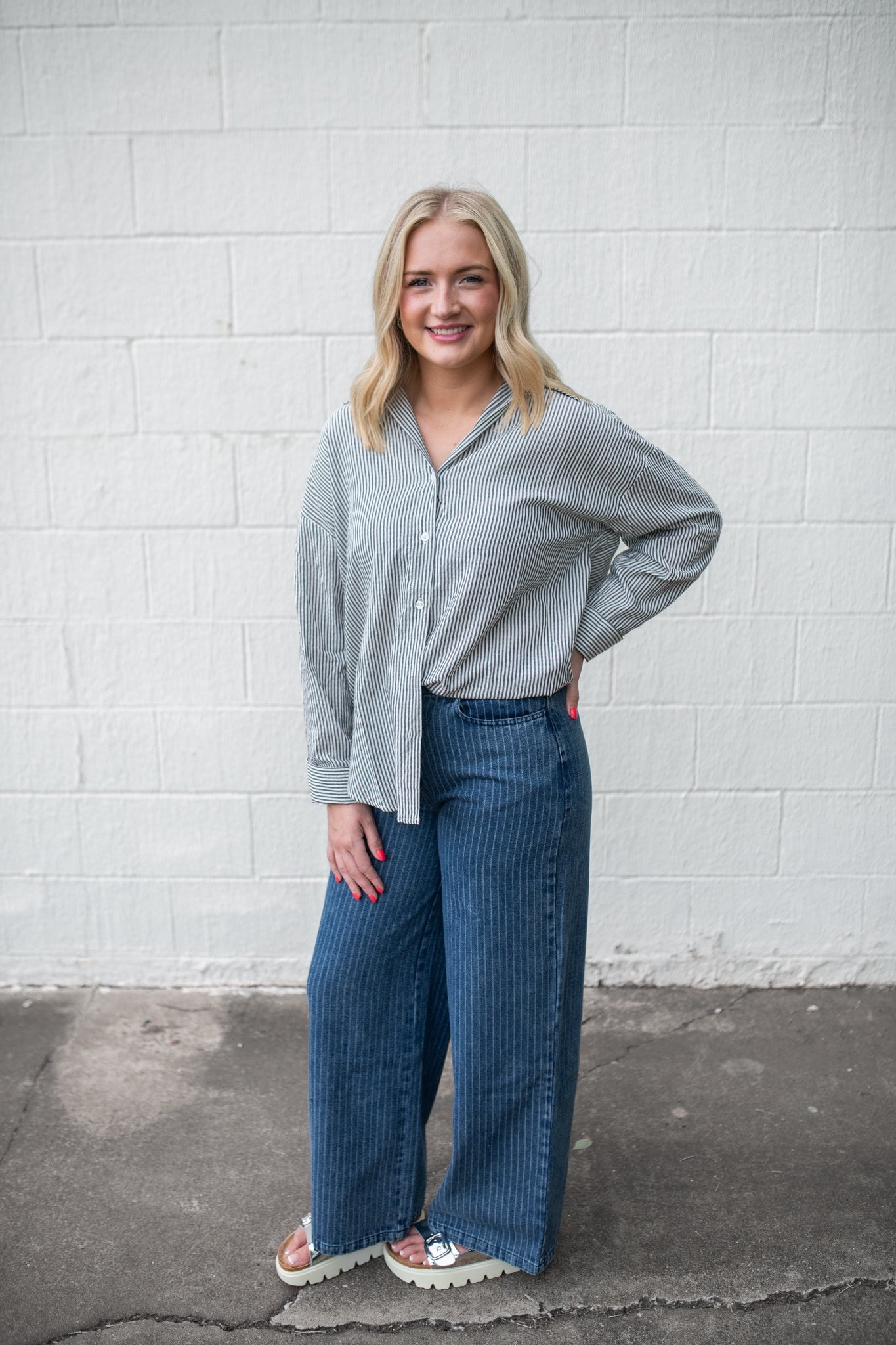 Black & White Stripe Button Up Top