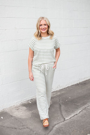 Textured Stripe Drawstring Wide Leg Pant Olive/White