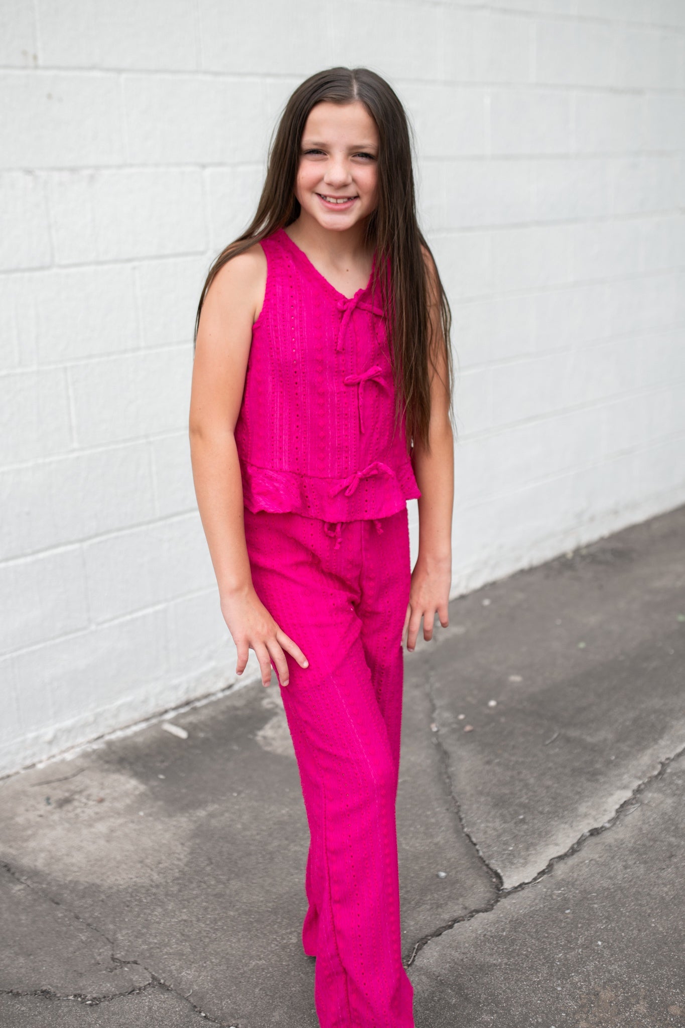 Embroidered Eyelet Wide Leg Pants Hot Pink
