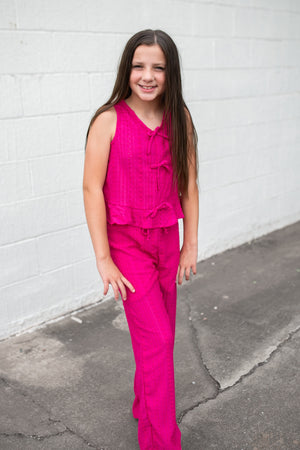 Embroidered Eyelet Wide Leg Pants Hot Pink