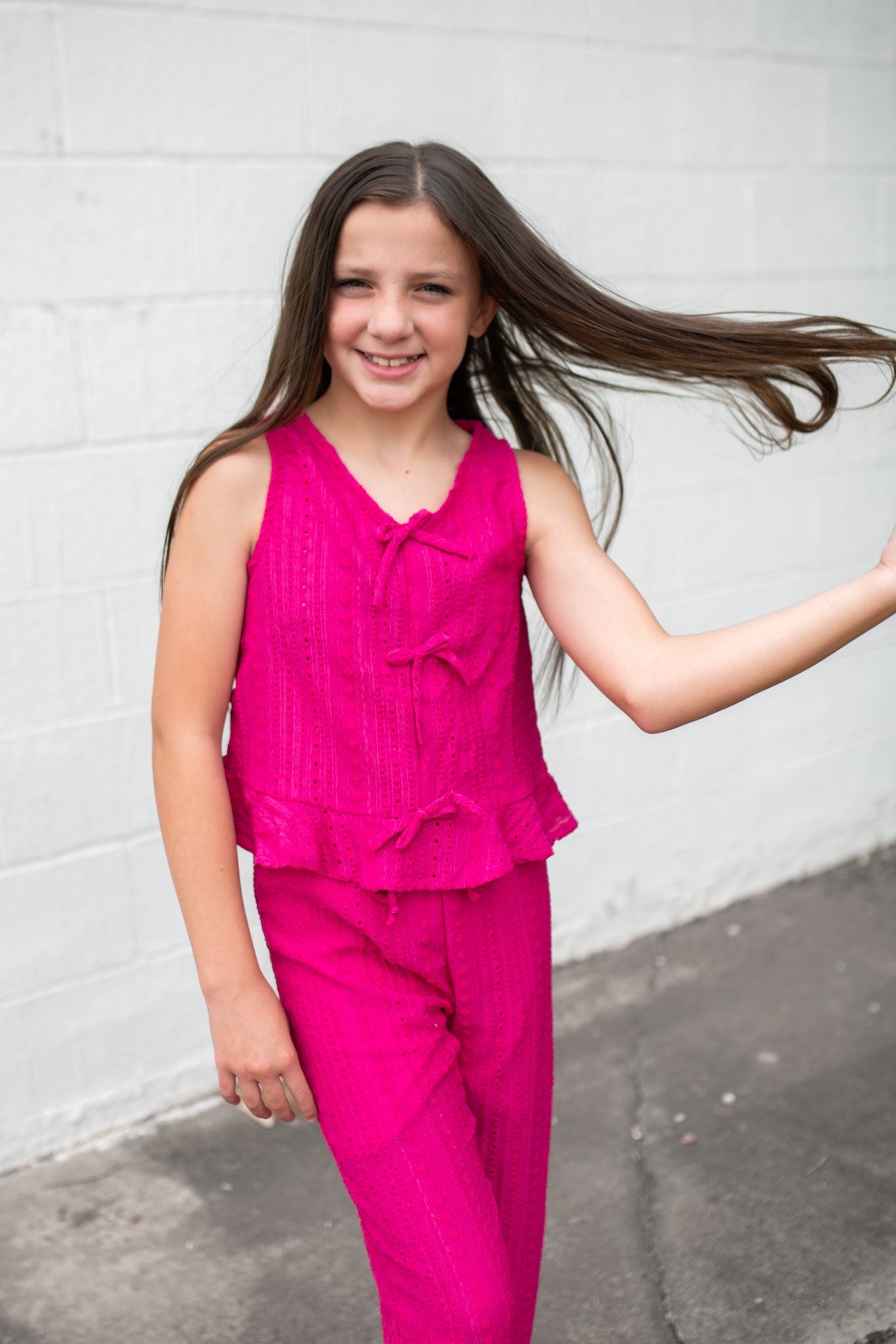 Embroidered Eyelet Ruffled Vest Hot Pink