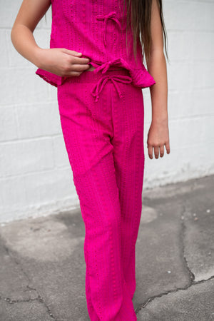 Embroidered Eyelet Wide Leg Pants Hot Pink