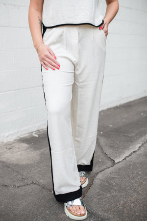 Contrast Side Stripe Elastic Waist Linen Pant Natural