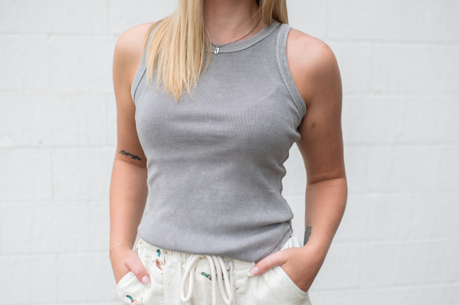 Washed Raw Edge Sleeveless Knit Tank Grey