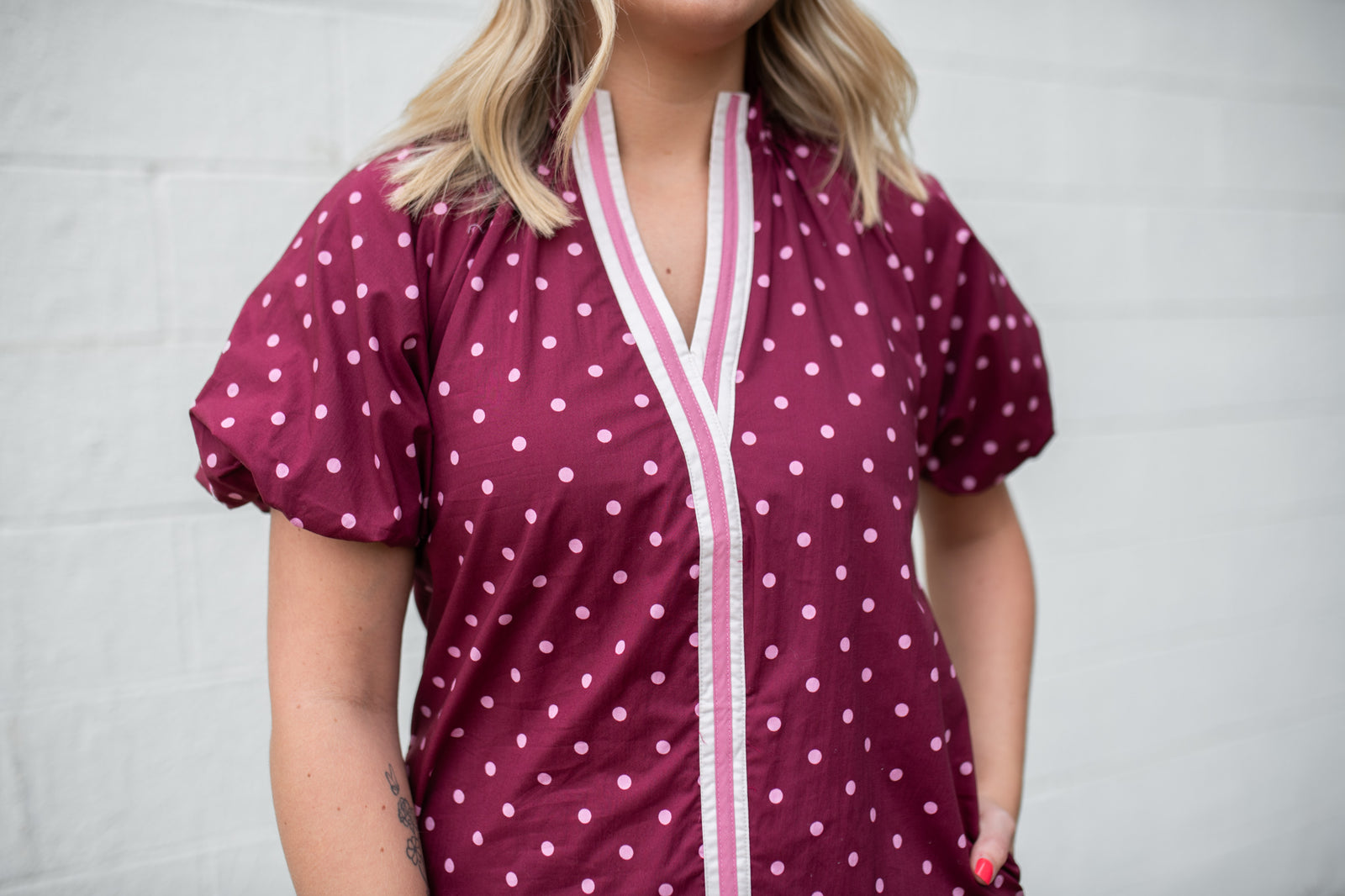 Ruffled V Neck Puff Sleeve Polka Dot Dress Burgundy