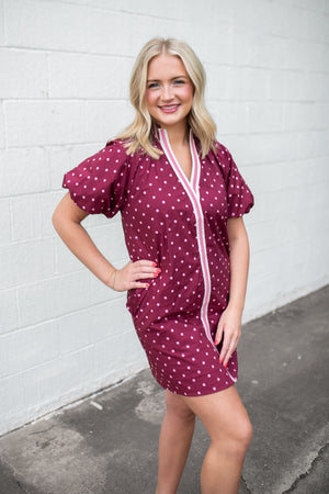 Ruffled V Neck Puff Sleeve Polka Dot Dress Burgundy