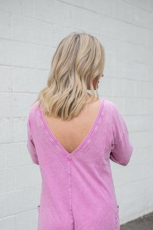 Open V Back SS Romper Fuchsia