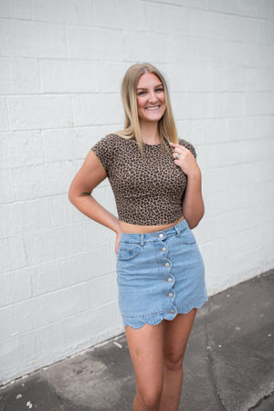 Leopard Print SS Cropped Knit Top Taupe Multi