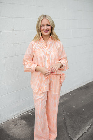 Orange Stripe Raglan Relaxed Fit Button Up Top