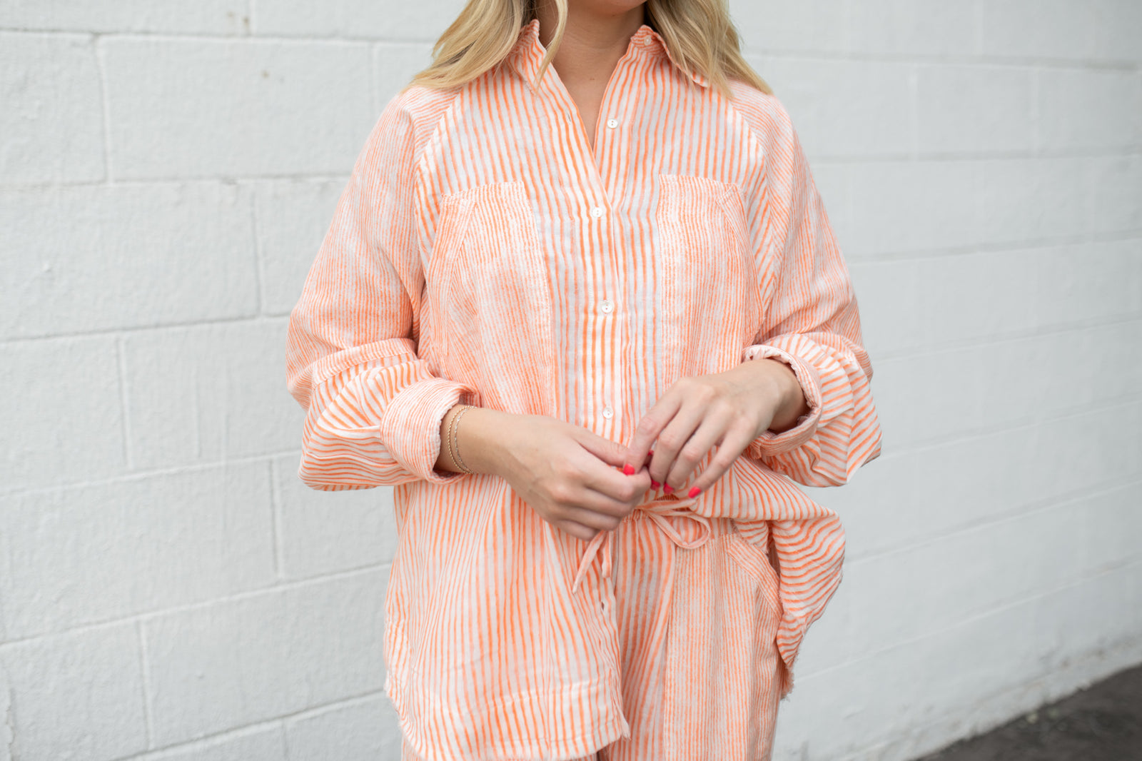 Orange Stripe Raglan Relaxed Fit Button Up Top