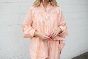 Orange Stripe Raglan Relaxed Fit Button Up Top