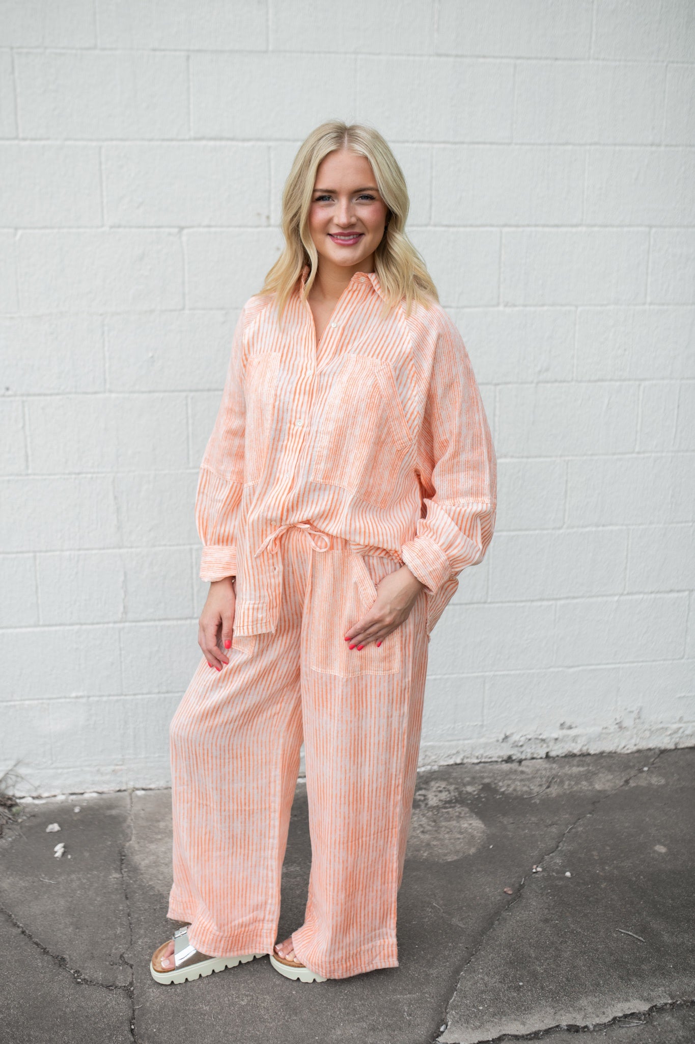 Orange Stripe Straight Pants With Elastic Waist