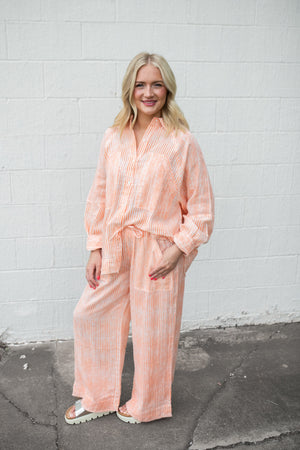 Orange Stripe Straight Pants With Elastic Waist