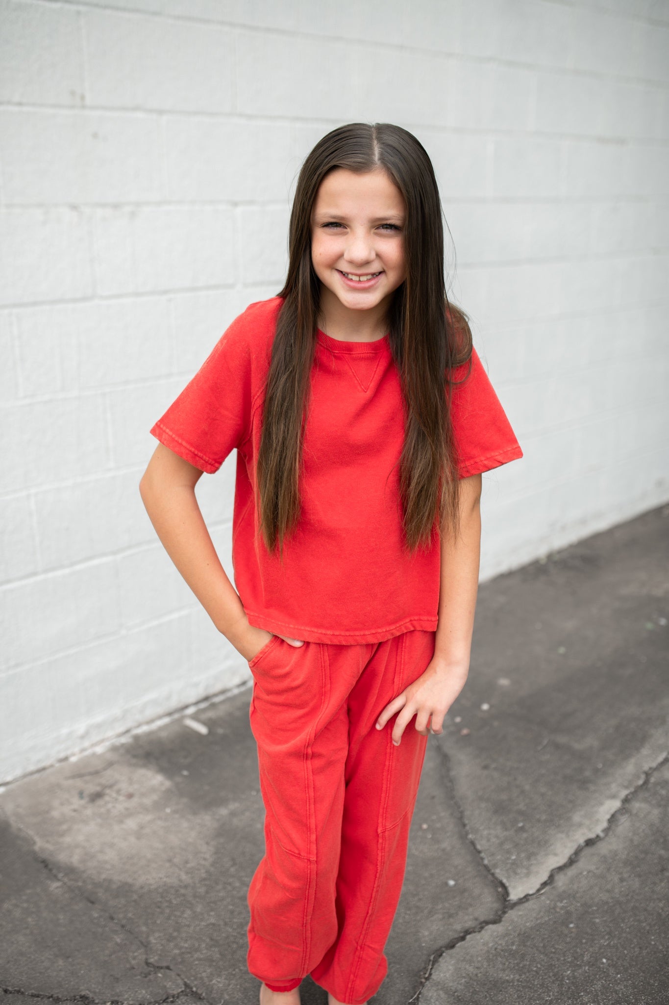Girls Washed SS  Knit Sweatshirt Red