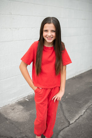 Girls Washed SS  Knit Sweatshirt Red