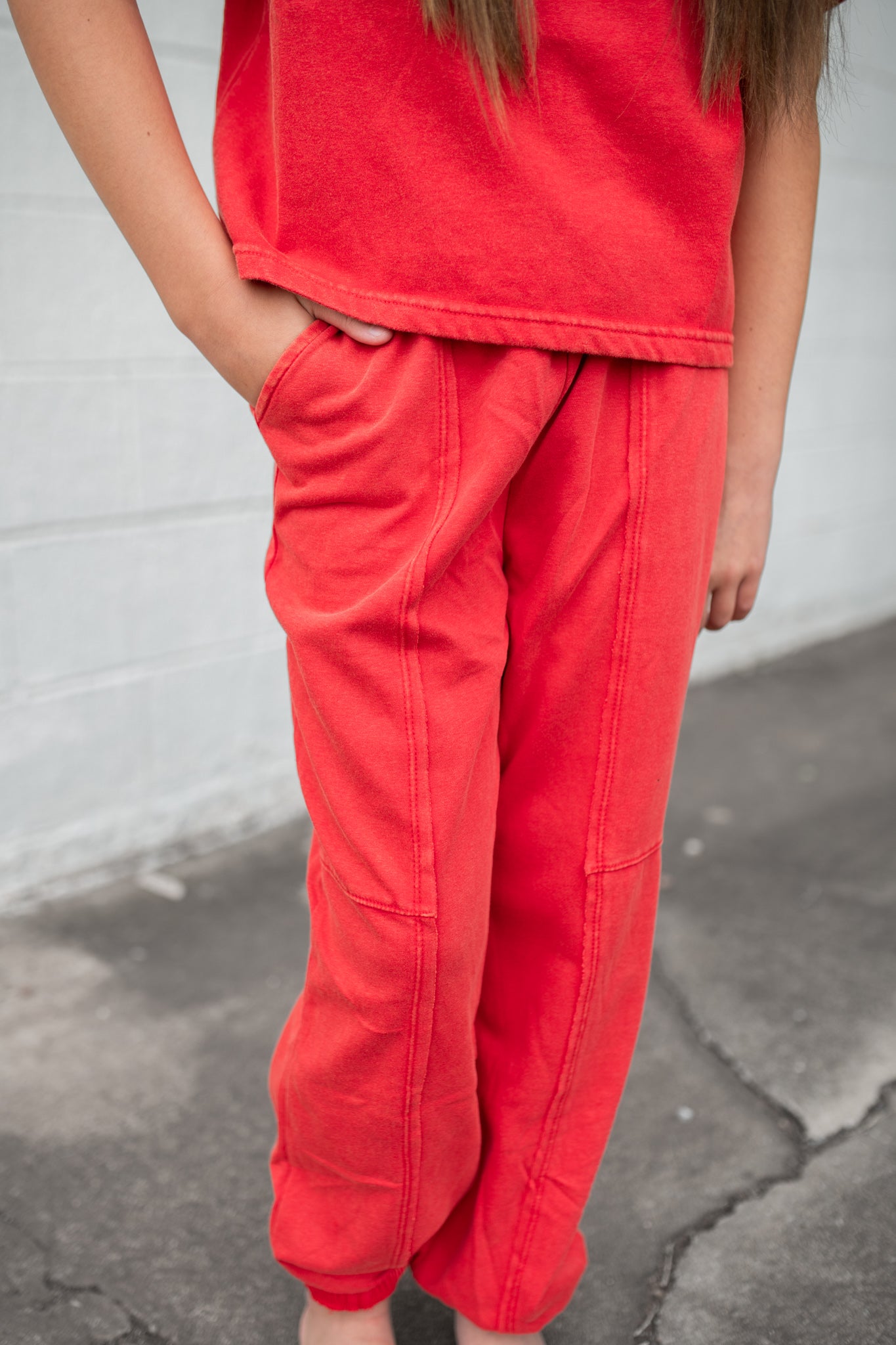 Girls Washed Paneled Knit Joggers Red