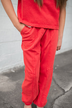 Girls Washed Paneled Knit Joggers Red