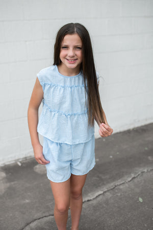 Double Waist Band Blue Stripe Shorts