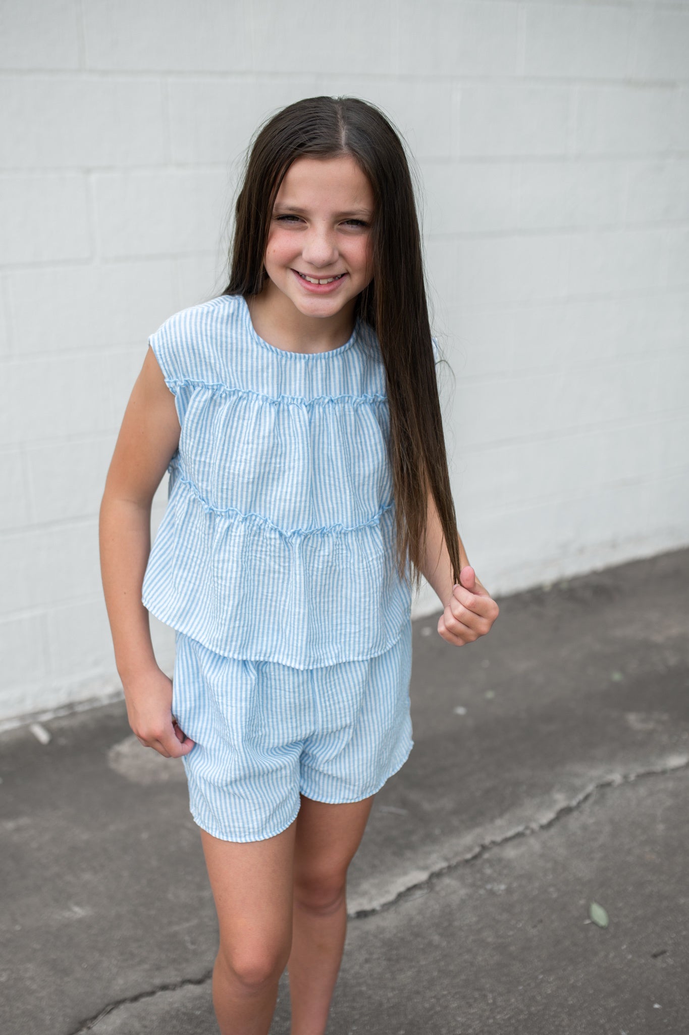 Stripe Gauze Tiered Ruffle Top Stripe Blue