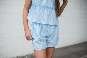 Double Waist Band Blue Stripe Shorts