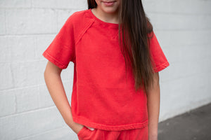Girls Washed SS  Knit Sweatshirt Red