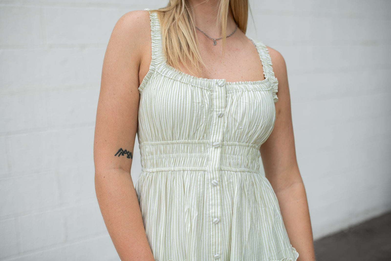 Stripe Mock Button Sleeveless Midi Dress Light Olive
