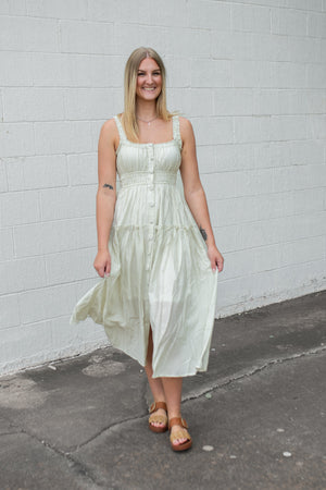Stripe Mock Button Sleeveless Midi Dress Light Olive