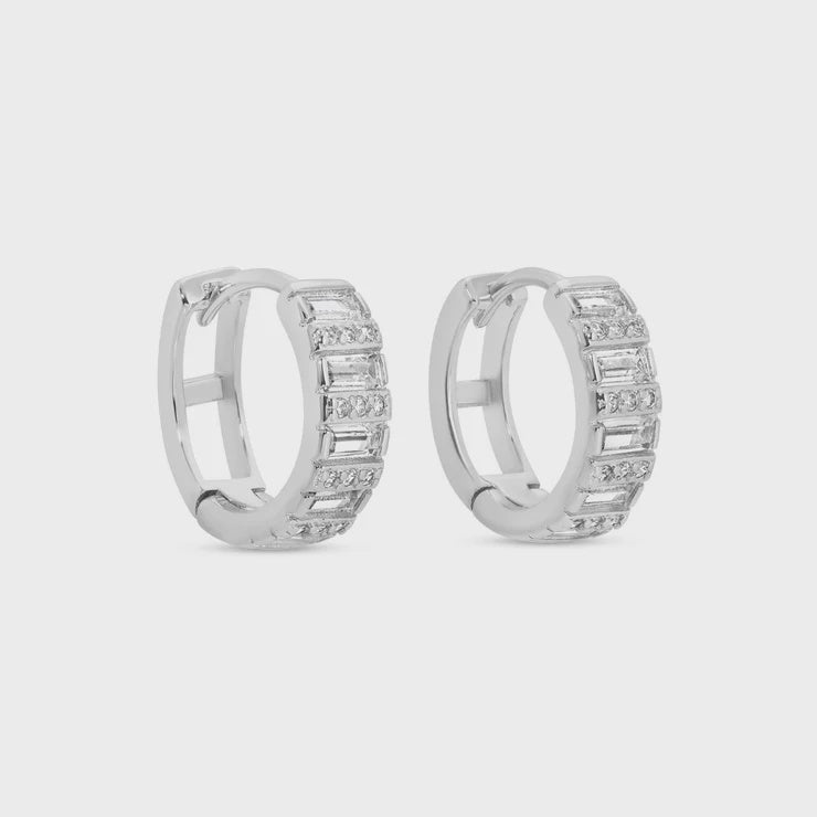 Silver Baguette And Pave Huggie Earrings