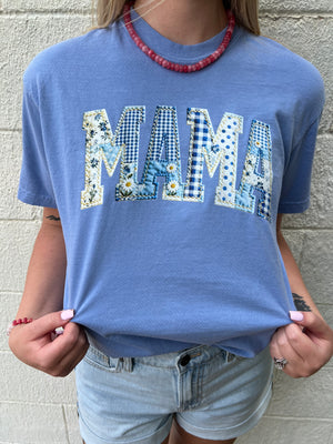 Mama Patchwork Graphic Tee Washed Denim