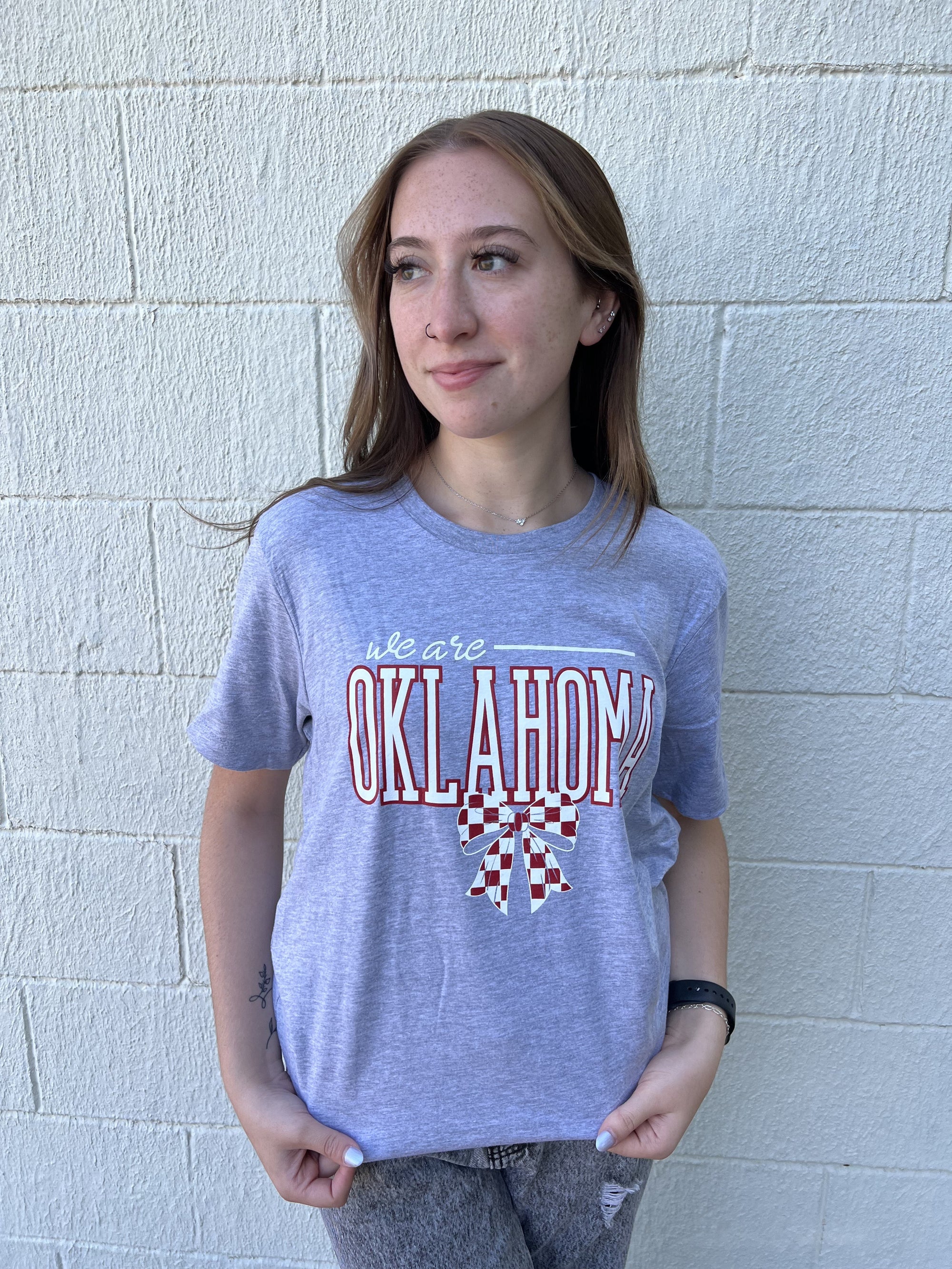 Oklahoma with a Bow Graphic Tee-Grey