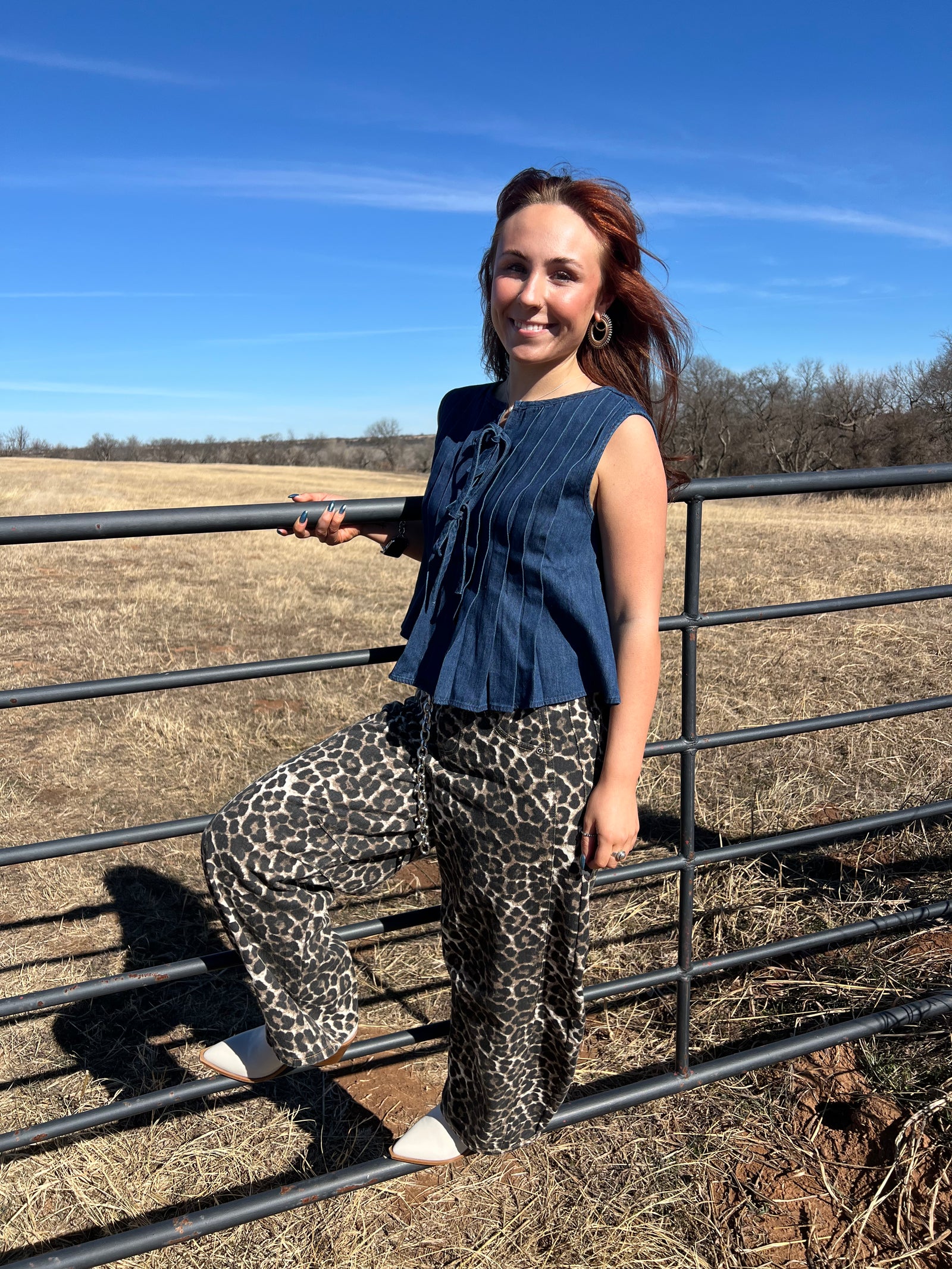 Denim Front Tie Pintuck Sleeveless Blouse