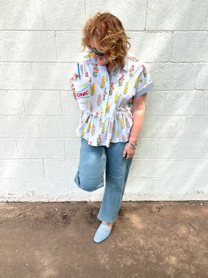 Drop Shoulder Button Down Top Light Blue