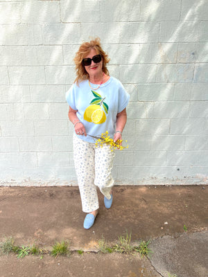 Drop SS Lemon Print Knit Sweater Top