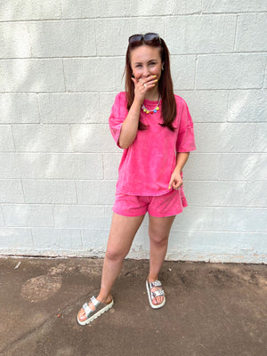 Acid Washed Short Sleeve Tee & Shorts Set Fuchsia